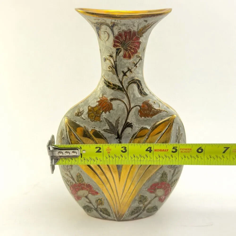 Vintage Enamel Floral Brass Vase Art Nouveau Style Gold 9”